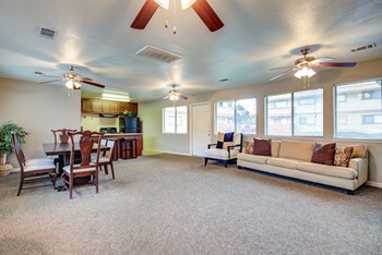 Apartments for Rent in Modesto - Dry Creek Apartments Carpeted Living Room With Multiple Ceiling Fans And Modern Furnishings